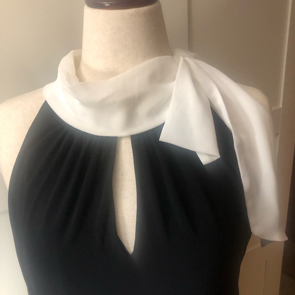 White House Black Market Black Midi Halter Dress with White Neck Tie - Picture 4 of 7